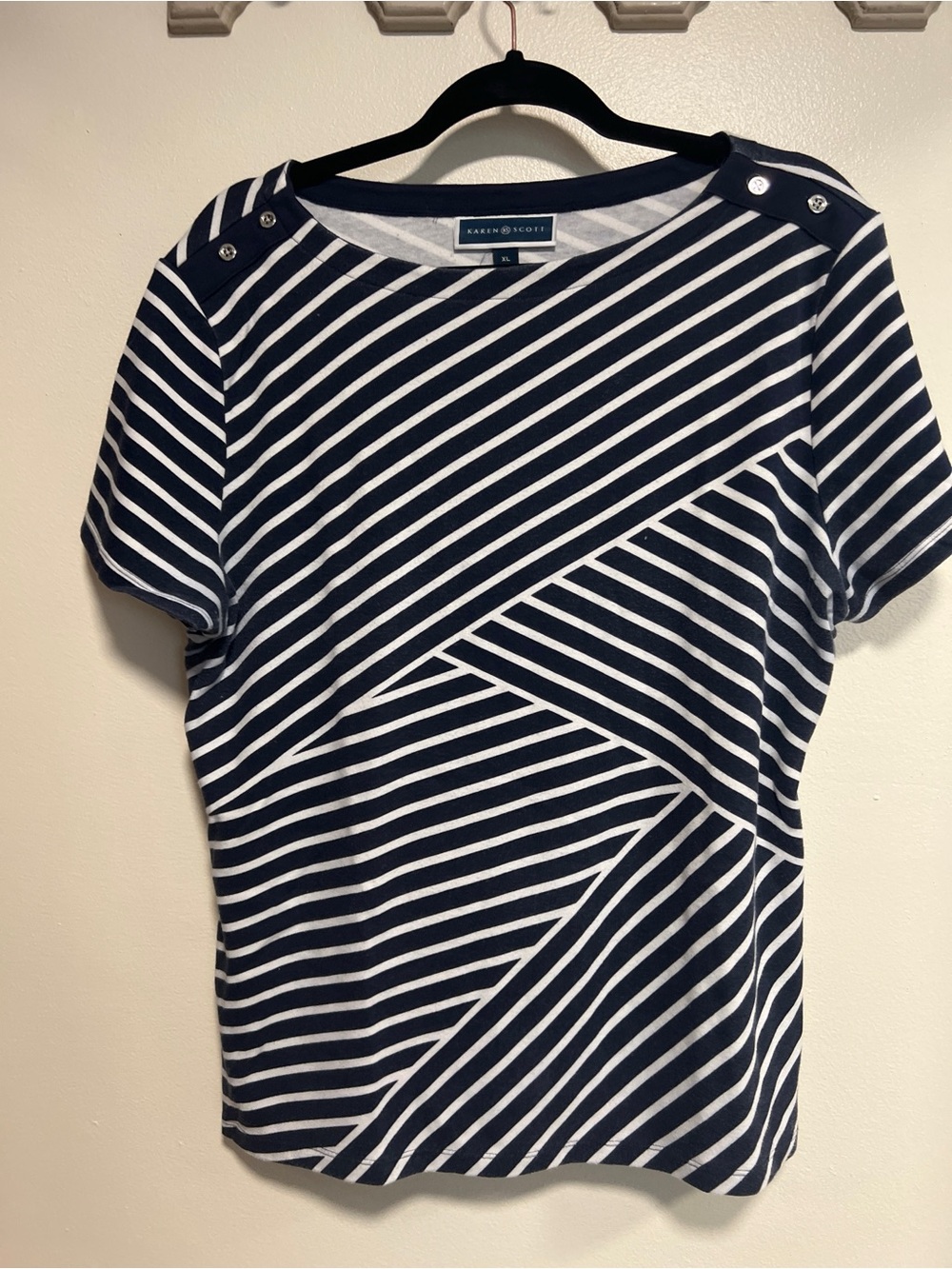 Karen Scott Navy and White Diagonal Stripe Short Sleeve Tee